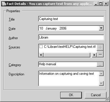 Using the Fact Folder Title text box Date drop down list Author text box Sources list box Add Source button Delete
