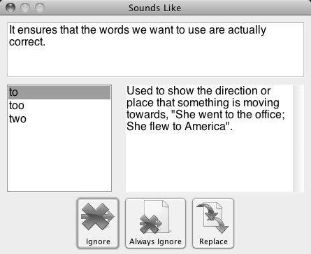 Using the Sounds Like and Confusable Words facility Current Sentence text box Sounds Like list box Word