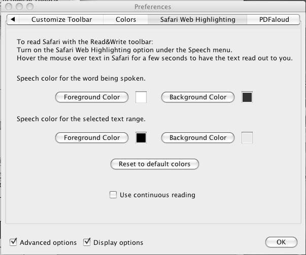Reading text Safari Web Highlighting tab Reset to default colors button Highlight word color buttons Highlight text range color buttons Use