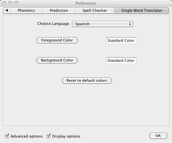 Using the Translator facility Single Word Translator tab Choose Language drop down list Foreground Color button Reset to default colors button