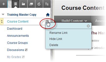 Action links Action links appear to the right of many Learn elements when you hover your mouse over them, including links on the Content menu and on Content items.