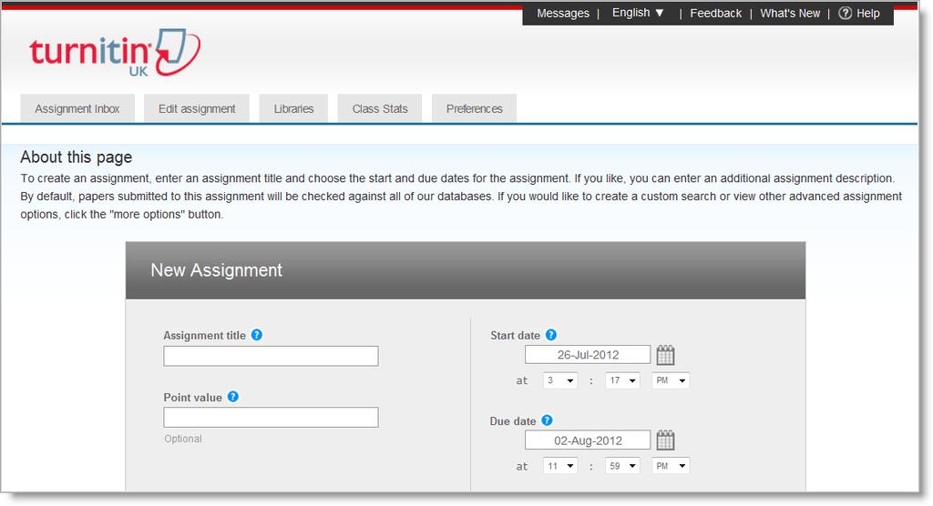 3. A New assignment screen opens within Turnitin: 4.