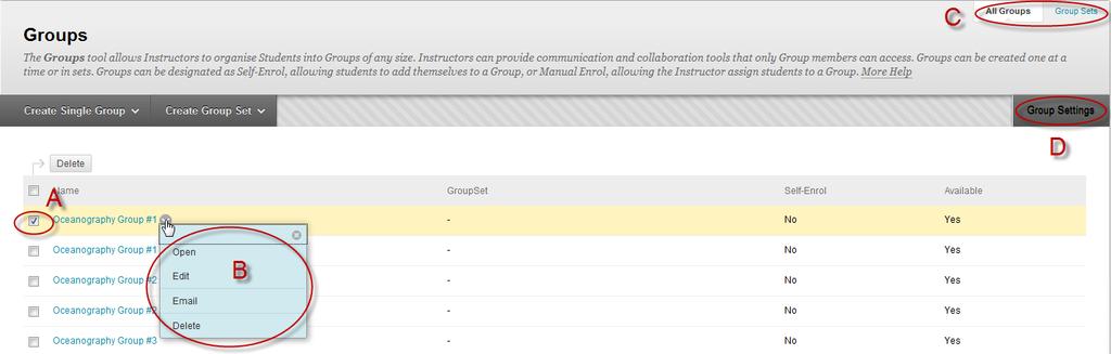 Editing and managing groups Through the Groups page, instructors can edit and manage groups as well as creating them.