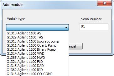 3 Installation procedure Clarity Control Module Fig 14: Adding a controlled module of the Agilent 1100 Select the desired module from the Module Type listbox and set the Serial Number. Click OK.