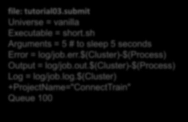 Anatomy of a simple condor submit script: file: tutorial03.submit Universe = vanilla Executable = short.