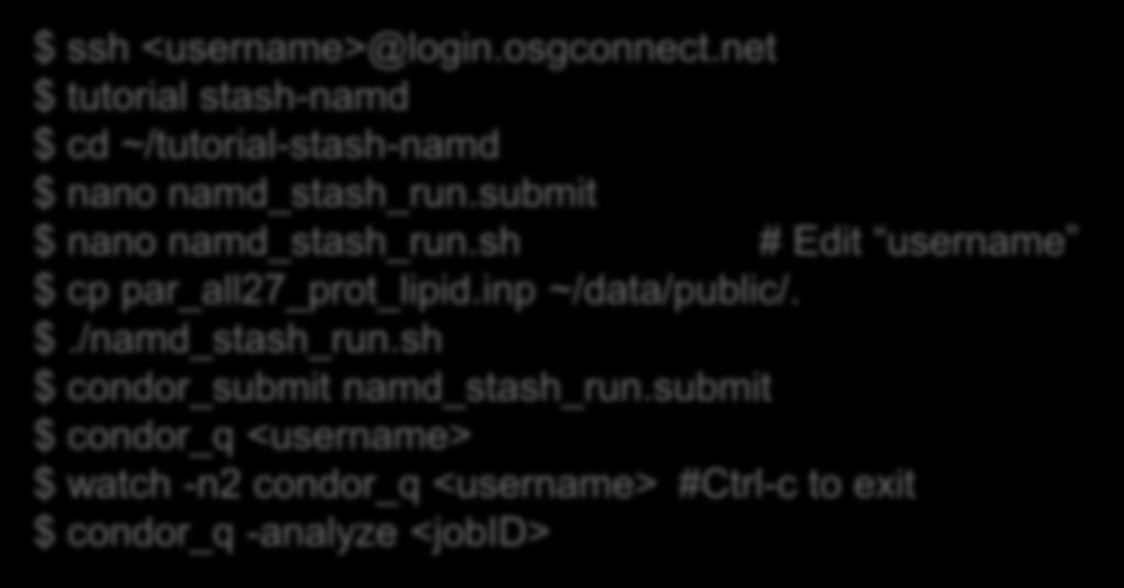 Exercise: Access Stash from Job with http $ ssh <username>@login.osgconnect.net $ tutorial stash-namd $ cd ~/tutorial-stash-namd $ nano namd_stash_run.submit $ nano namd_stash_run.