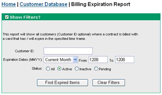 Recurring Billing Expiration Report You can generate a report listing all of your customers whose credit cards will be expiring in a specified timeframe. To create this report, follow the steps: 1.