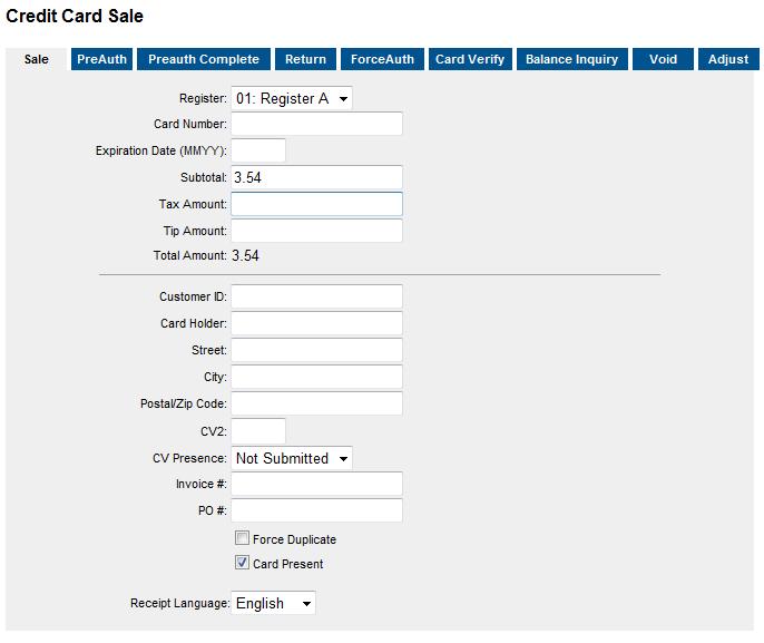 If you click Card, the Credit Card Sale screen displays with remaining balance filled in: 6. Complete the required transaction fields.