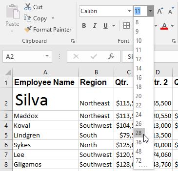 104 Microsoft Office Excel 2016: Part 1 Figure 4-3: Live Preview displays a formatting change to cell A2 before the change is applied.