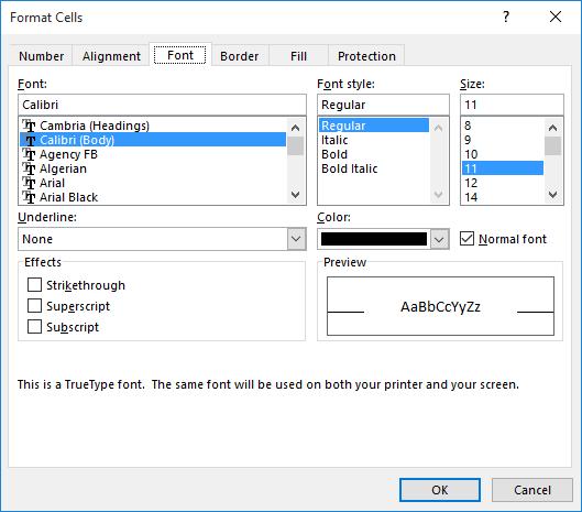 Microsoft Office Excel 2016: Part 1 105 Figure 4-4: The Format Cells dialog box.