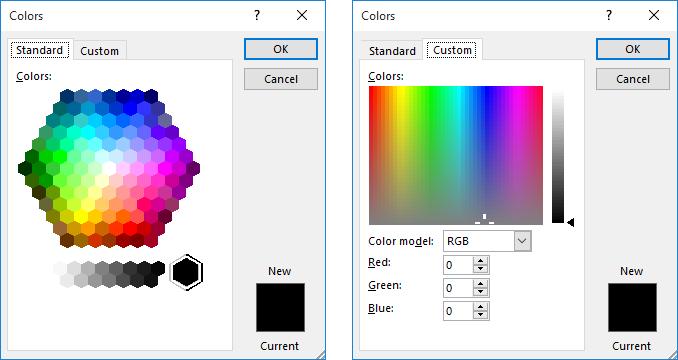 106 Microsoft Office Excel 2016: Part 1 The Colors Dialog Box The Colors Dialog Box In addition to the common font colors available from the Font Color drop-down menu, a wider range of color options