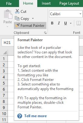 Microsoft Office Excel 2016: Part 1 109 Figure 4-8: The Format Painter enables you to quickly and easily apply formatting to any number of cells in your workbooks.