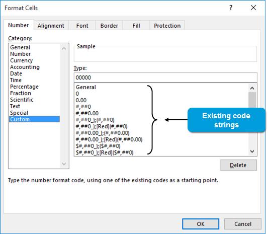 116 Microsoft Office Excel 2016: Part 1 Figure 4-11: The existing code strings for custom number formats.