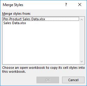 However, Excel 2016 provides you with a tool you can use to import custom styles from existing workbooks into other workbooks: the Merge Styles dialog box.