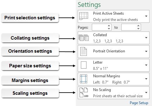Microsoft Office Excel 2016: Part 1 145 Print Tab Element Printer Properties link Settings section Page Setup link Print preview pane Allows You To Access the Properties dialog box for your selected