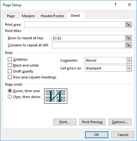 154 Microsoft Office Excel 2016: Part 1 Figure 5-8: The Sheet tab in the Page Setup dialog box.