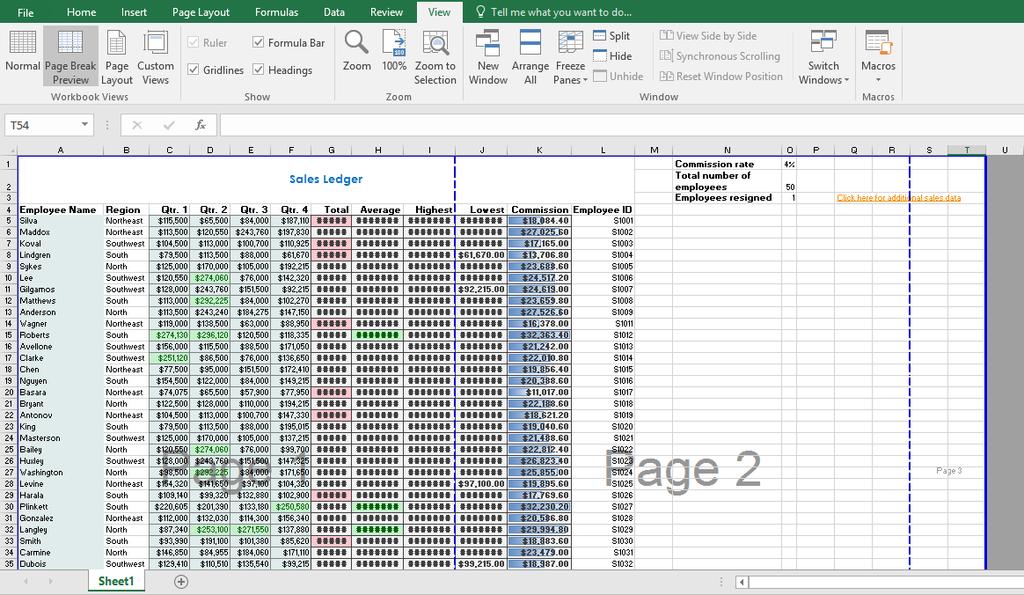 156 Microsoft Office Excel 2016: Part 1 When you set a print area in the Page Break Preview view, only cells within the print area will appear in full color.
