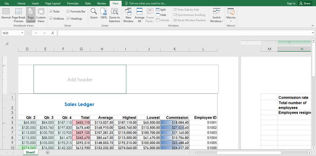 160 Microsoft Office Excel 2016: Part 1 Page Layout View The Page Layout View The Page Layout view displays worksheets as they would print on separate pages based on the current print settings.