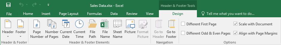 Microsoft Office Excel 2016: Part 1 161 The Header & Footer Tools Contextual Tab When you select a header or footer placeholder in Page Layout view, Excel displays the Header & Footer Tools