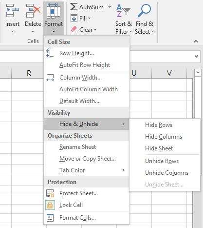 Microsoft Office Excel 2016: Part 1 171 Figure 6-5: The Hide & Unhide Sheet ribbon commands. The Unhide Sheet command is inactive until you hide a worksheet.