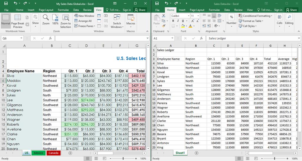 Microsoft Office Excel 2016: Part 1 177 Figure 6-10: Multiple workbooks displayed on screen simultaneously.
