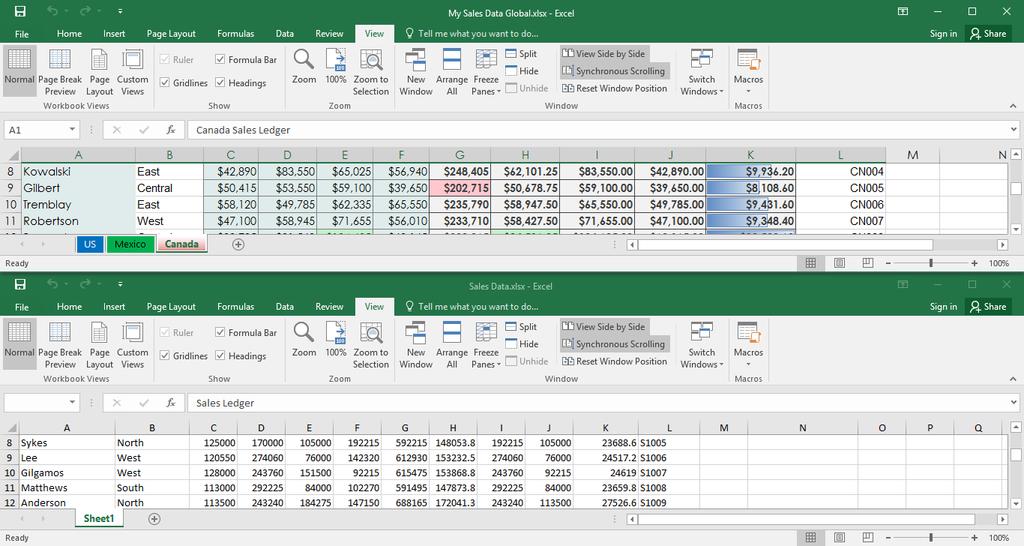 178 Microsoft Office Excel 2016: Part 1 Option Vertical Cascade Displays Open Workbook Windows Side by side, with each window taking up the full amount of vertical space.