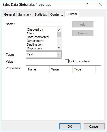 Microsoft Office Excel 2016: Part 1 185 Custom Workbook Properties If you would like to create workbook properties that more specifically help you identify your files based on your organization's