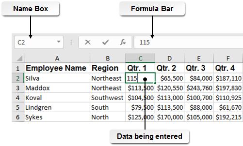 12 Microsoft Office Excel 2016: Part 1 Figure 1-9: Entering cell data. Notice that the Name Box displays the active cell, and the Formula Bar reflects the cell's current contents.