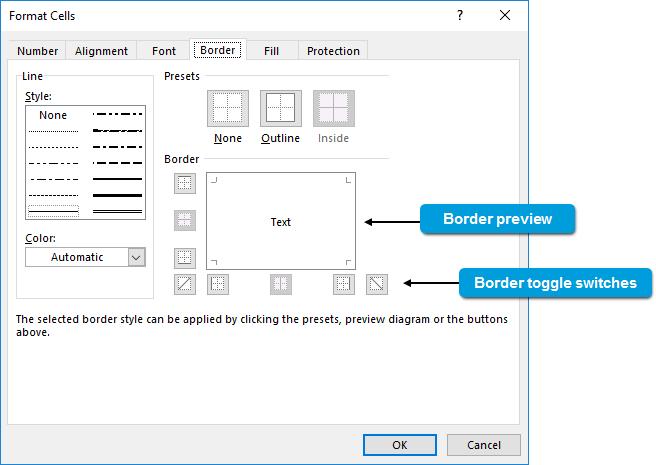 206 Microsoft Office Excel 2016: Part 1 Figure D-3: The Border tab in the Formal Cells dialog box. The commands on the Border tab allow you to customize and modify your worksheet borders.