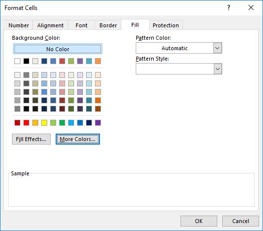 From here, you can add pattern and gradient fills, which are not available from the Fill Color drop-down menu on the ribbon. Figure D-5: The Fill tab in the Format Cells dialog box.