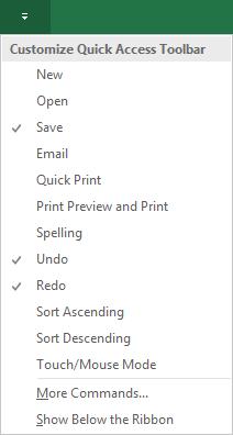 216 Microsoft Office Excel 2016: Part 1 The Customize Quick Access Toolbar Menu You can also add or remove commands from the Quick Access Toolbar by using the Customize Quick Access Toolbar menu, but