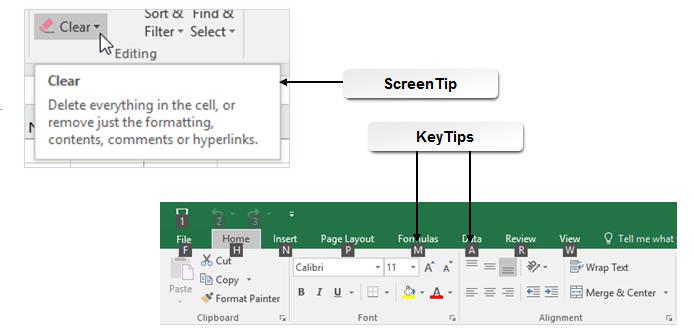 Microsoft Office Excel 2016: Part 1 19 Figure 1-12: A ScreenTip and KeyTips in Excel 2016.
