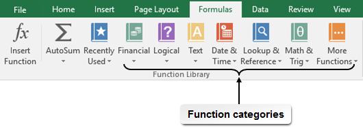 56 Microsoft Office Excel 2016: Part 1 Figure 2-8: The Function Library group. You may wish to mention that the Function Library group doesn't include every possible function.