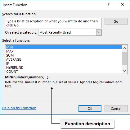 Microsoft Office Excel 2016: Part 1 57 Figure 2-9: The Insert Function dialog box. The following table describes the various elements of the Insert Function dialog box.