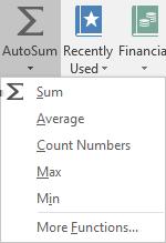 When you select the AutoSum drop-down arrow, Excel displays a menu that allows you to insert one of these other common functions into the active cell.