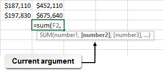 64 Microsoft Office Excel 2016: Part 1 Figure 2-16: This tooltip highlights where you are within the function syntax.