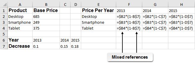 72 Microsoft Office Excel 2016: Part 1 However, when you use AutoFill to apply this formula to the other products, you would need the formula to keep looking in row 7, as this is where the markdown