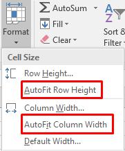 82 Microsoft Office Excel 2016: Part 1 Figure 3-4: The AutoFit feature adjusts row height or column width to match cell content.