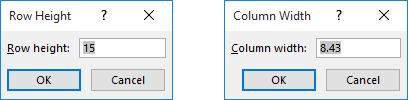 To adjust cell size by using this method, simply select a cell in the desired row, open the appropriate dialog box, enter the desired height or width value, and then select OK.