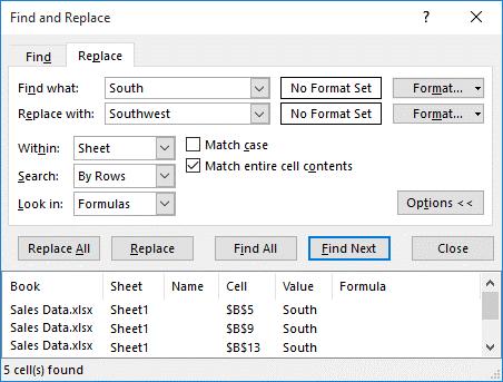 88 Microsoft Office Excel 2016: Part 1 Figure 3-8: The Replace tab is a near match for the Find tab; the only difference is the ability to specify the content you want to replace the old content with.