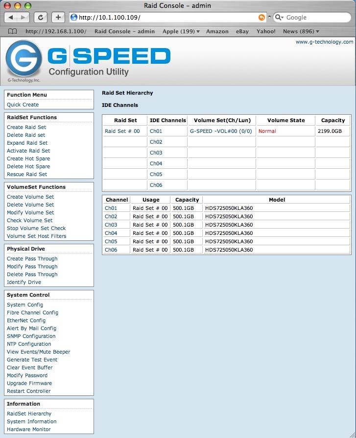 After entering the correct username and password the G-SPEED GUI will appear. There are many advanced features accessible through the GUI that are not covered in this manual.