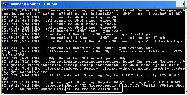 Part 4 - Verification of JBoss Application Server 4.2.3 GA JDK6 1. Open a command prompt window. 2. Change to the following folder: C:\Software\jboss-4.2.3.GA\bin 3. Enter the command: run.bat 4.