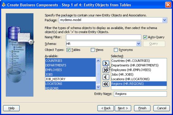 Figure 11: Selecting Tables for Which to Create Entity Objects NOTE: In this tutorial, to keep things simple we'll create all of our business components in the single mydemo.