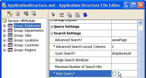 Figure 37: Avoiding an Automatic Employees Query Force User to Refine Search Criteria to be More Selective As shown in Figure 38, set the Maximum Number of Search Hits to 50.