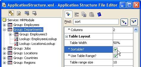 Figure 41: Making the Table Columns Sortable in the Departments Group Display Employees in Department on Same Page In child group Employees3 check the Same