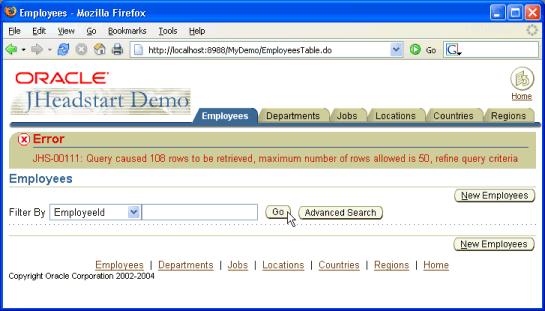 Figure 55: User Warned to Refine Employees Search Criteria Employee Table is Browse-Only with Detail Disclosure Set the Filter By field to LastName name, enter a search criteria of p, and press (Go).
