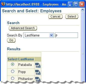 Figure 71: LOV Window Showing Filtered List of Matches Back on the Departments browse page, if instead of typing just the letter "p" in one of the ManagerName fields, you type "ph" instead and Tab