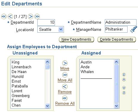 At runtime, to see the shuttle control shown in Figure 79, do the following: Click on the top-level Departments tab Select a department by clicking in the Select radio group next to the desired one