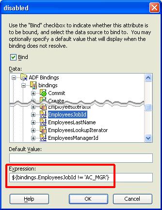 Figure 83: Using the Binding Picker to Help Create Expression 4. Edit the Expression to add the not-equals comparison to the literal value 'AC_MGR' as shown in Figure 83.