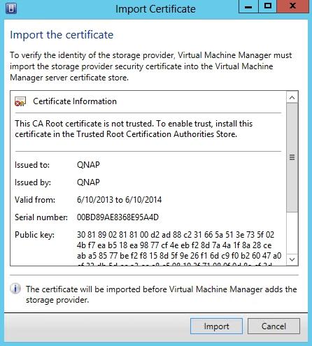 During the discovery you may have a warning regarding the certificate. You can click Import to allow the connection.